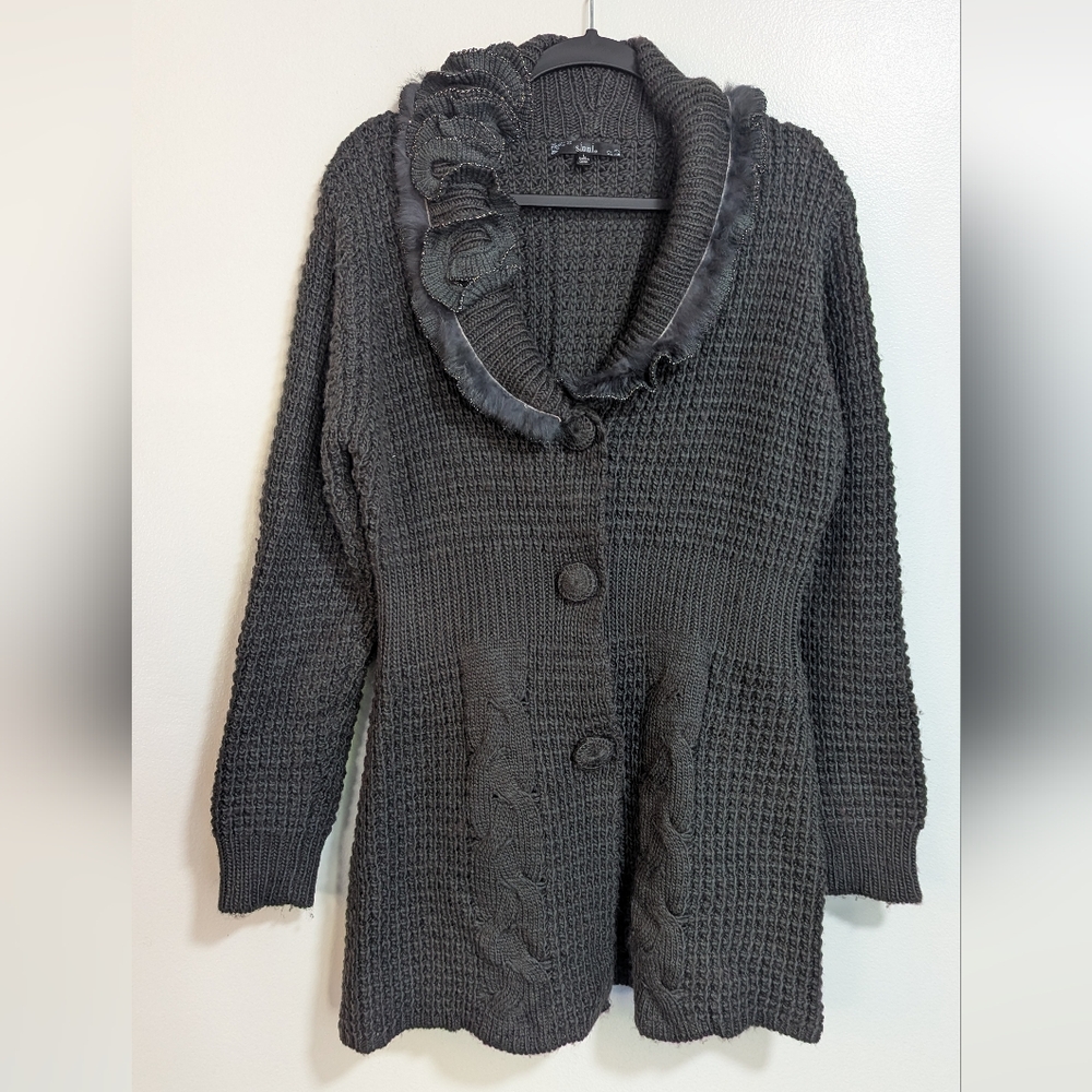 Sioni Gray Wool Blend Rabbit Fur Trim Thick Cable Knit Chunky Cardigan Sweater